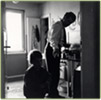 Andr Thomkins with one of his children in Essen, April 1958