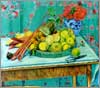 Zitronen und Melonen vor indischem Tuch, 1992. Öl auf Holz, 75 x 85 cm
