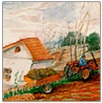 Traktor und Haus, 1969. Aquarell auf Papier, 15 x 21 cm (Gemeinschaftsarbeit von André und Nicolas)